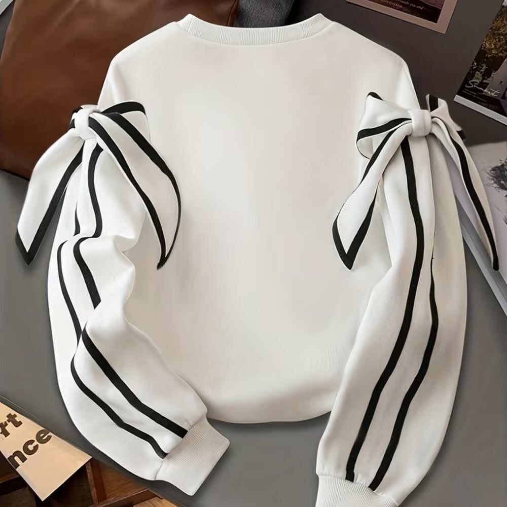 White Ribbon-Sleeve Women's Top with Black Stripe Detail